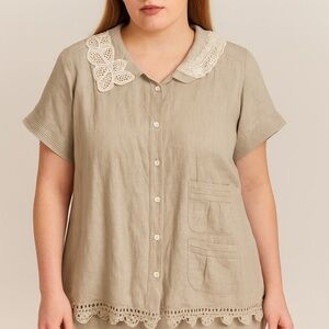 VINTAGE Upcycled Linen Crochet Lace Button Down Top Beige L (One of a Kind)